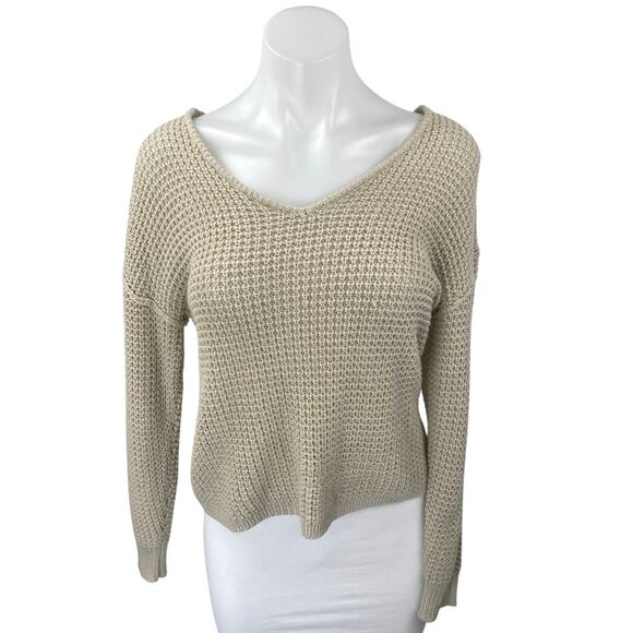 Pink Rose Women's Beige Long Sleeve V Neck Button Up Back Sweater Top Size S - Picture 1 of 4